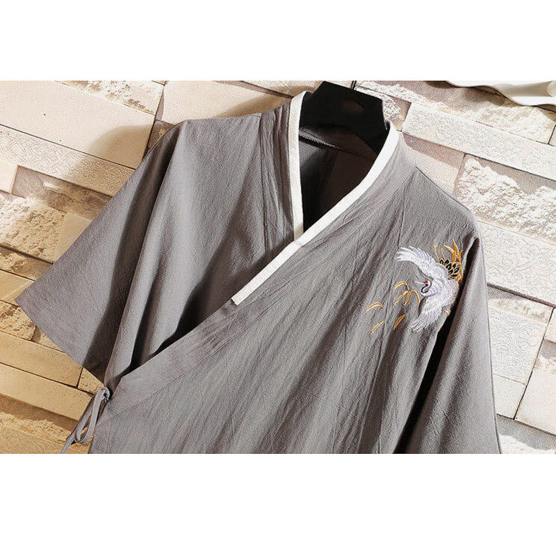 Buddha Stones Tang Suit Embroidery Crane Pattern Lace-Up Side Men's Cotton Linen T-Shirt