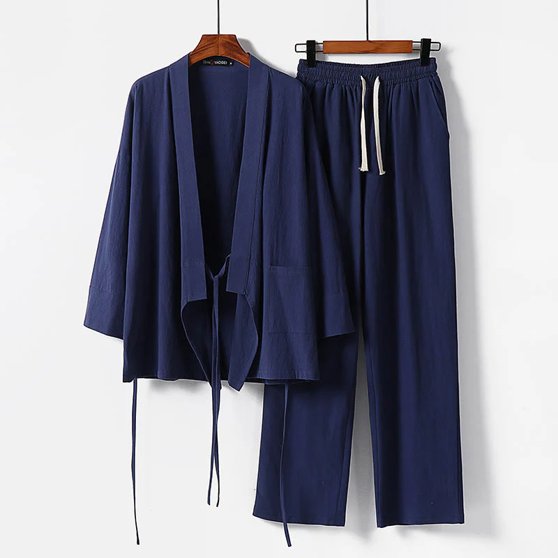 Buddha Stones 2Pcs Lace-up Cotton Kimono Pants With Pockets Men's Meditation Cloth Set