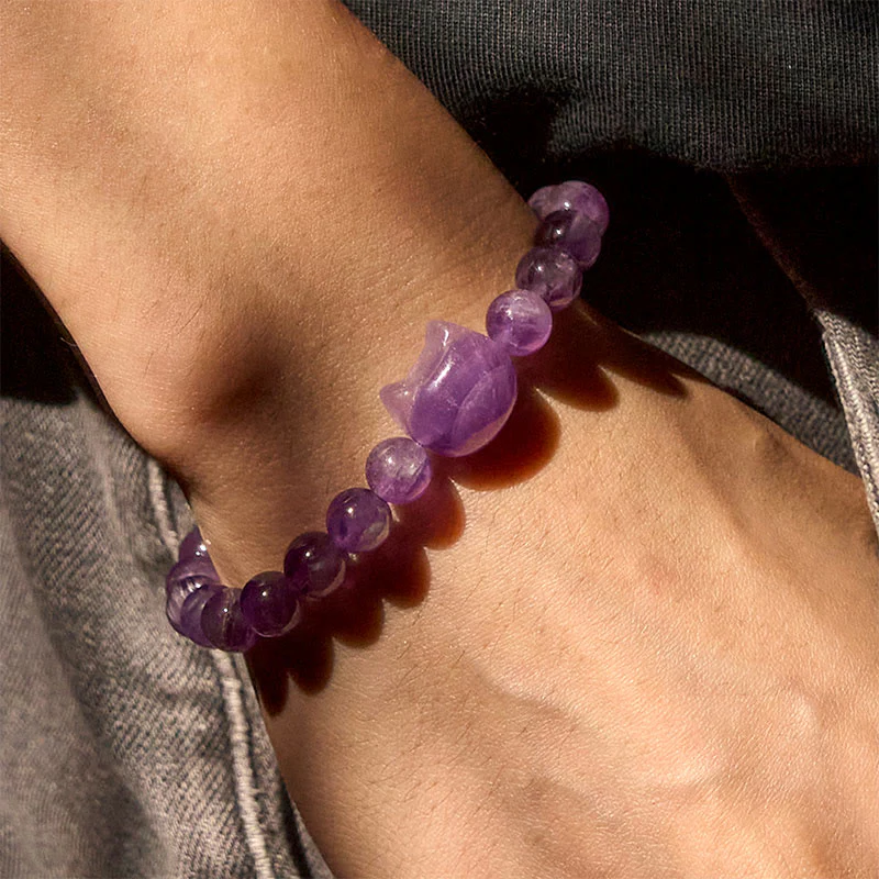 Buddha Stones Cute Cat Face Amethyst Spiritual Awareness Bracelet