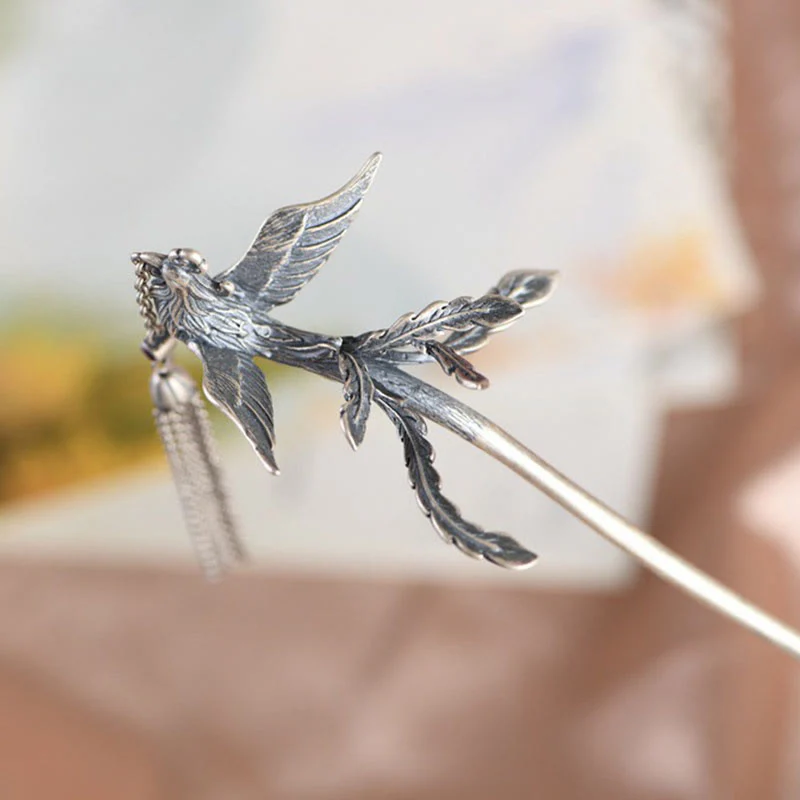 Buddha Stones 925 Sterling Silver Phoenix Tassels Protection Hairpin
