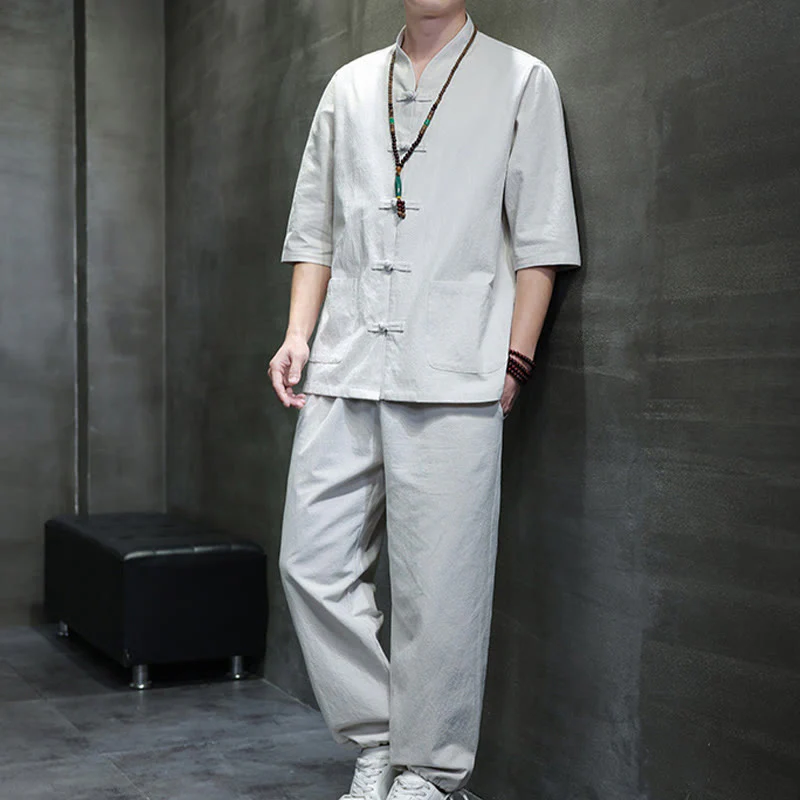 Buddha Stones 2Pcs Tang Suit Frog-Button Design Shirt Pants With Pockets Men's Cotton Linen Meditation Cloth Set