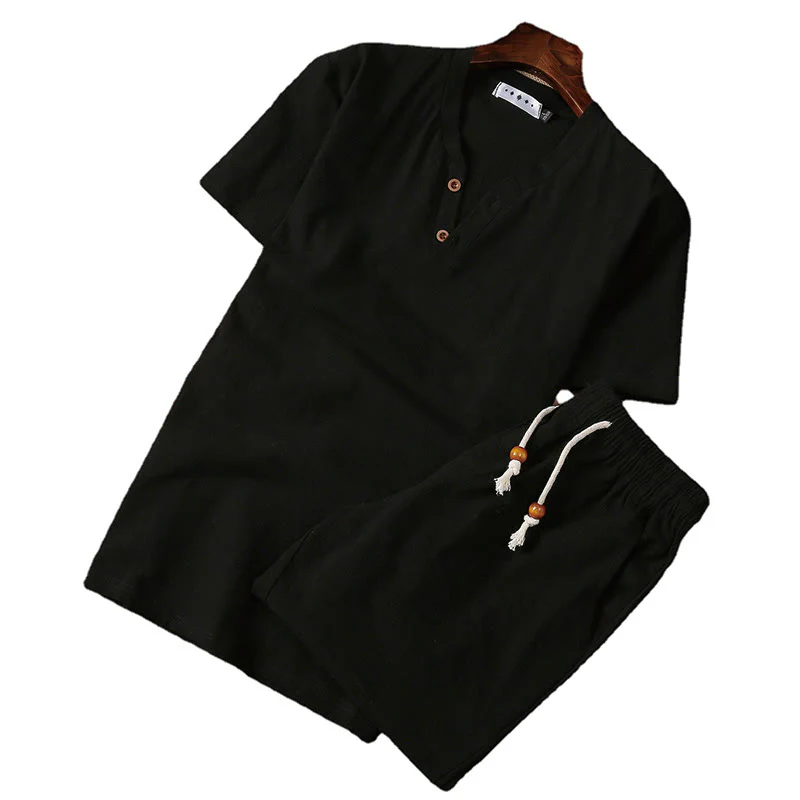 Buddha Stones Summer Casual 2Pcs Plain Notched Collar T-Shirt Drawstring Shorts With Pockets Cotton Linen Men's Meditation Cloth Set