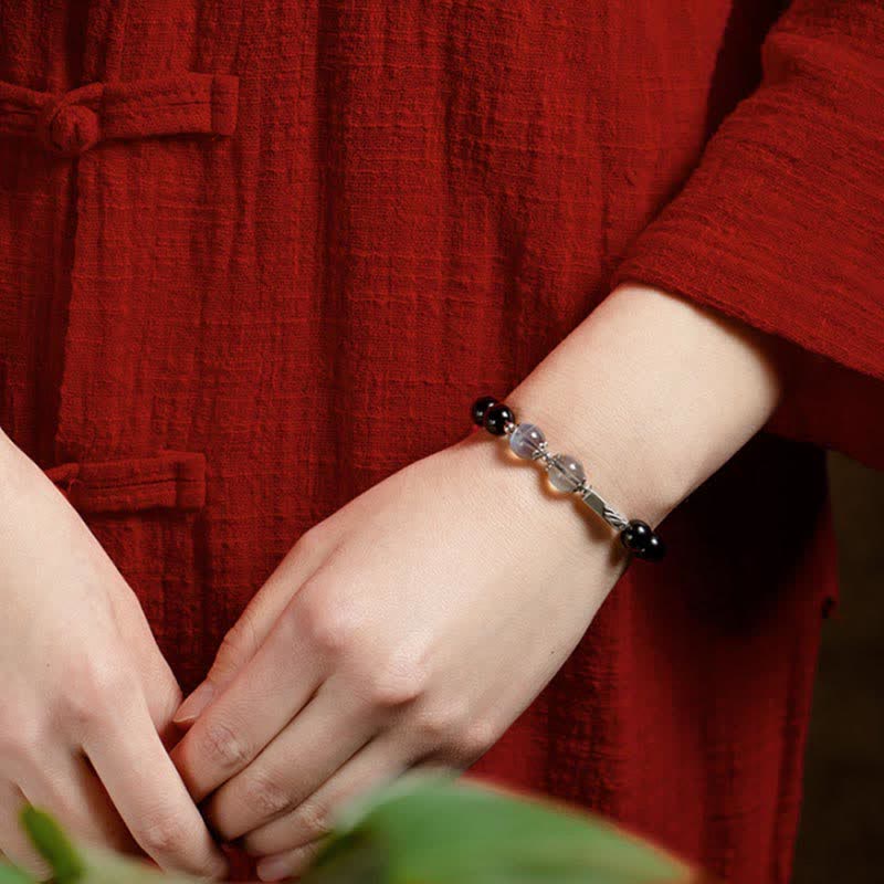 Buddha Stones 925 Sterling Silver Obsidian Moonstone Strength Couple Bracelet