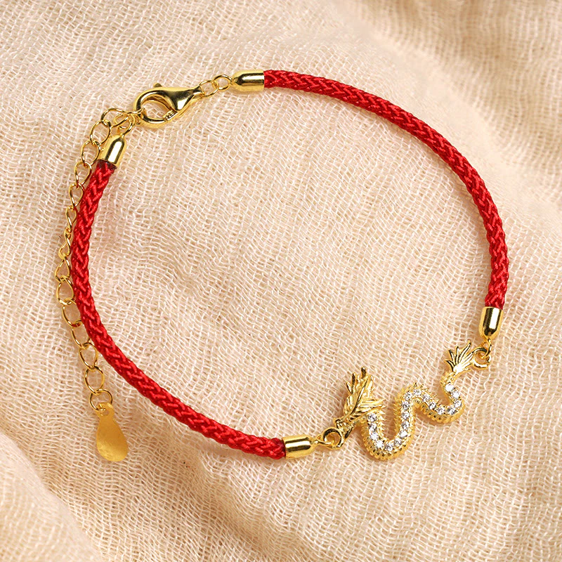 Buddha Stones 925 Sterling Silver Year Of The Dragon Auspicious Golden Dragon Luck Red Rope Chain Bracelet