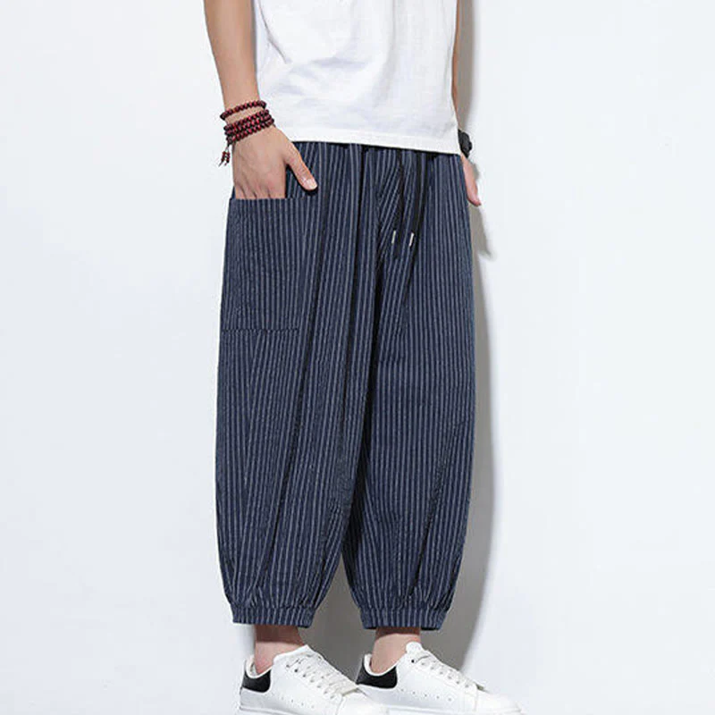 Buddha Stones Casual Striped Men's Cotton 7-8 Length Harem Pants With Pockets
