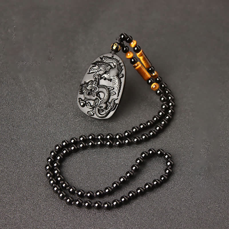 Buddha Stones Black Obsidian Tiger Eye Dragon Phoenix Protection Beaded Necklace Pendant