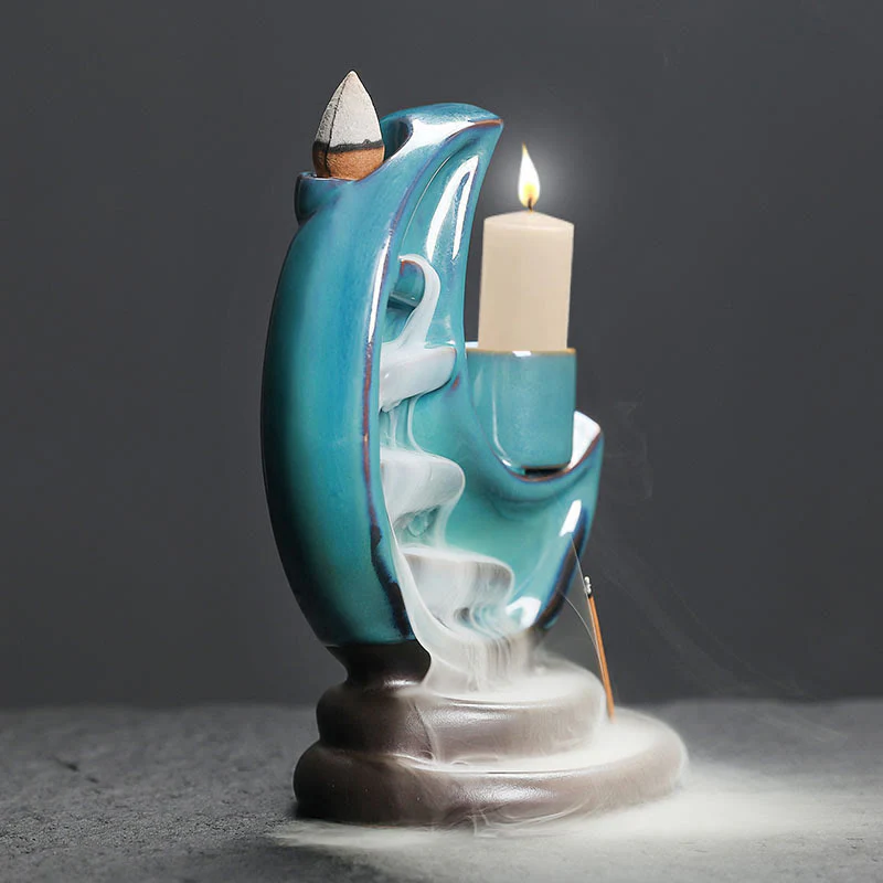 Buddha Stones Blue Crescent Moon Ceramic Backflow Smoke Fountain Meditation Candlestick Incense Burner Decoration
