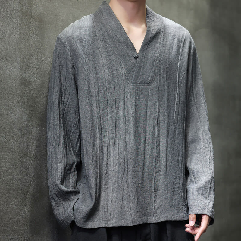 Buddha Stones Plain V-Neck Long Sleeve Men's Linen Shirt