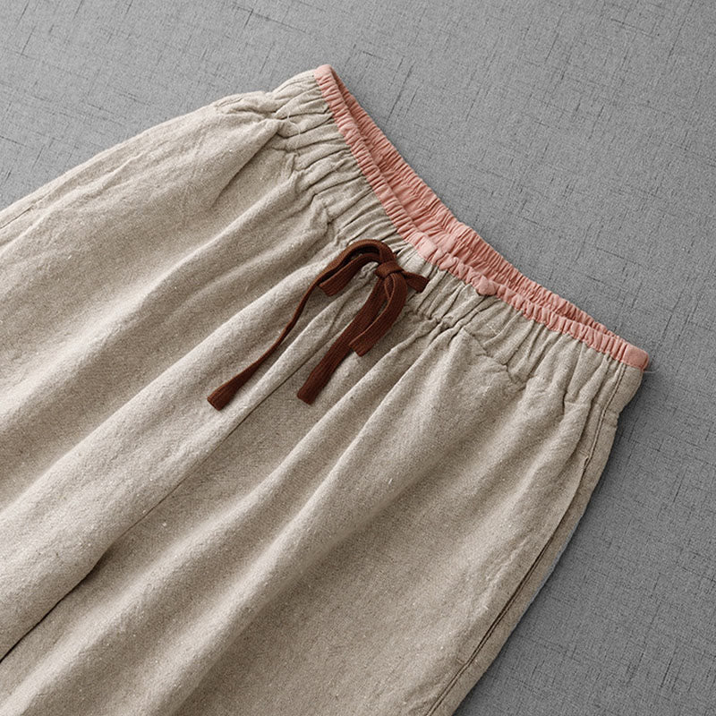 Buddha Stones Casual Daily Drawstring Simple Design Women's Cotton Linen Pants With Pockets