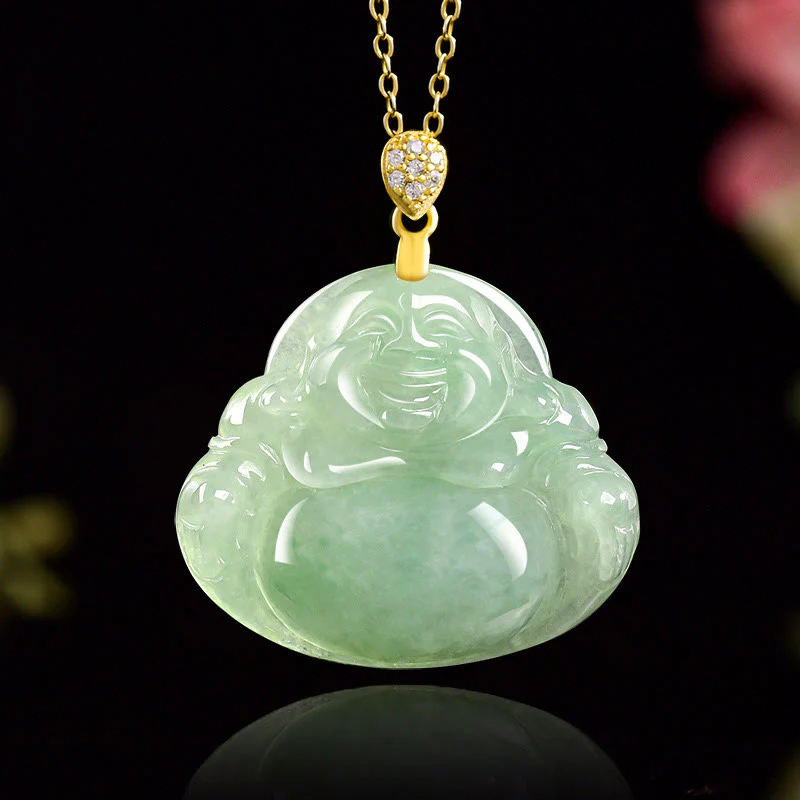 Buddha Stones 925 Sterling Silver Natural Jade Laughing Buddha Luck Prosperity Chain Necklace Pendant