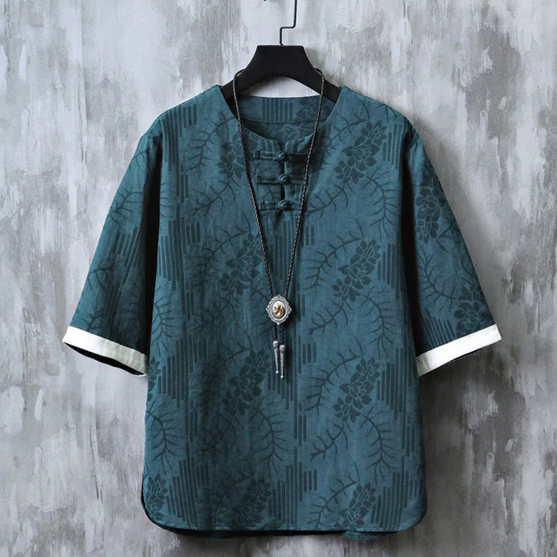 Buddha Stones Casual Retro Jacquard Chinese Frog-Button Design Men's Crew Neck Half Sleeve Cotton Shirt