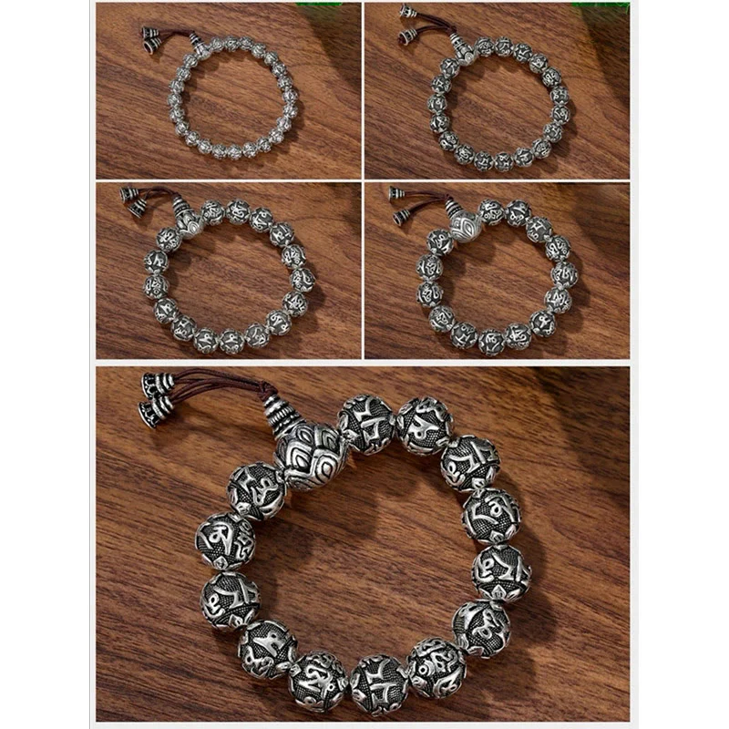 Buddha Stones Tibetan Om Mani Padme Hum Carved Alloy Beads Amulet Bracelet (Extra 35% Off | USE CODE: FS35)