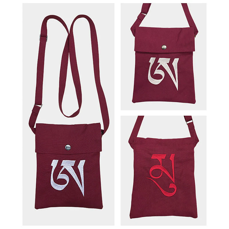 Buddha Stones Handmade OM Mantra Embroidered Spiritual Mind Practice Cotton Crossbody Bag Shoulder Bag Cellphone Bag