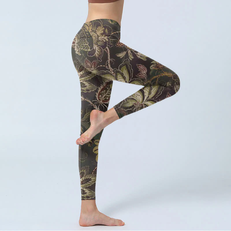 Buddha Stones Olive Florals Print Sports Fitness Leggings Women's Yoga Pants