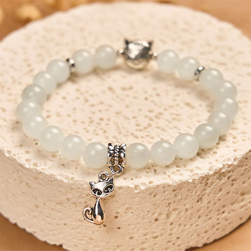 Buddha Stones White Cat White Jade Luck Blessing Bracelet