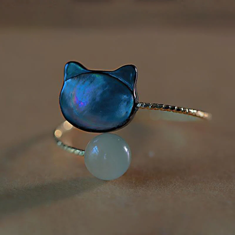 Buddha Stones Black Tridacna Stone Cat Jade Blessing Adjustable Ring