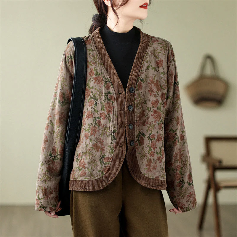Buddha Stones Flower Jacquard Women's Cotton Padded Jacket