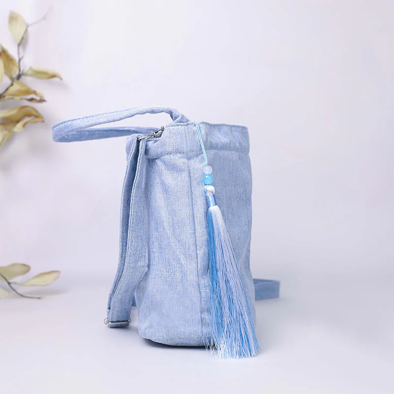 Buddha Stones Embroidery Wisteria Plum Lotus Cherry Blossom Cotton Linen Canvas Tote Crossbody Bag Shoulder Bag Handbag