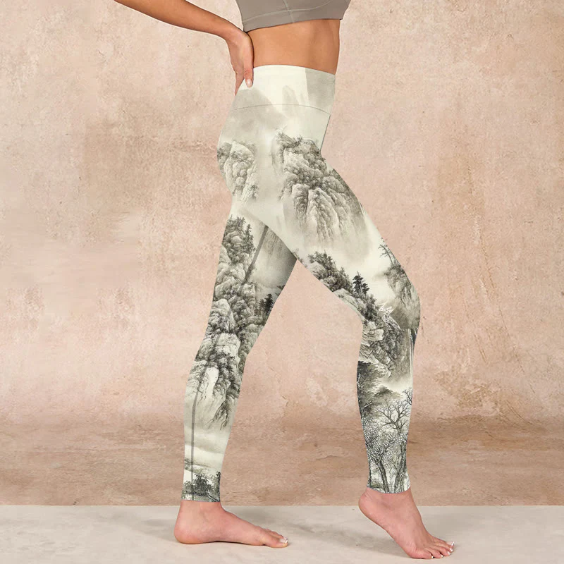 Buddha Stones Mountain Tree River Scenery Print Sports Leggings Women's Yoga Pants