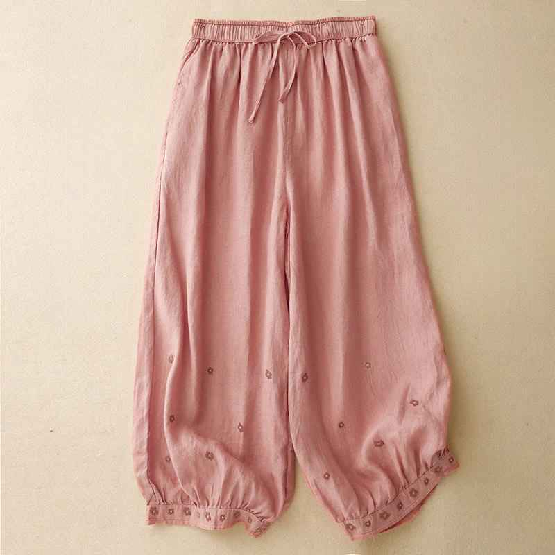 Buddha Stones Casual Embroidered Petals Women's Cotton Linen 7-8 Length Harem Pants With Pockets