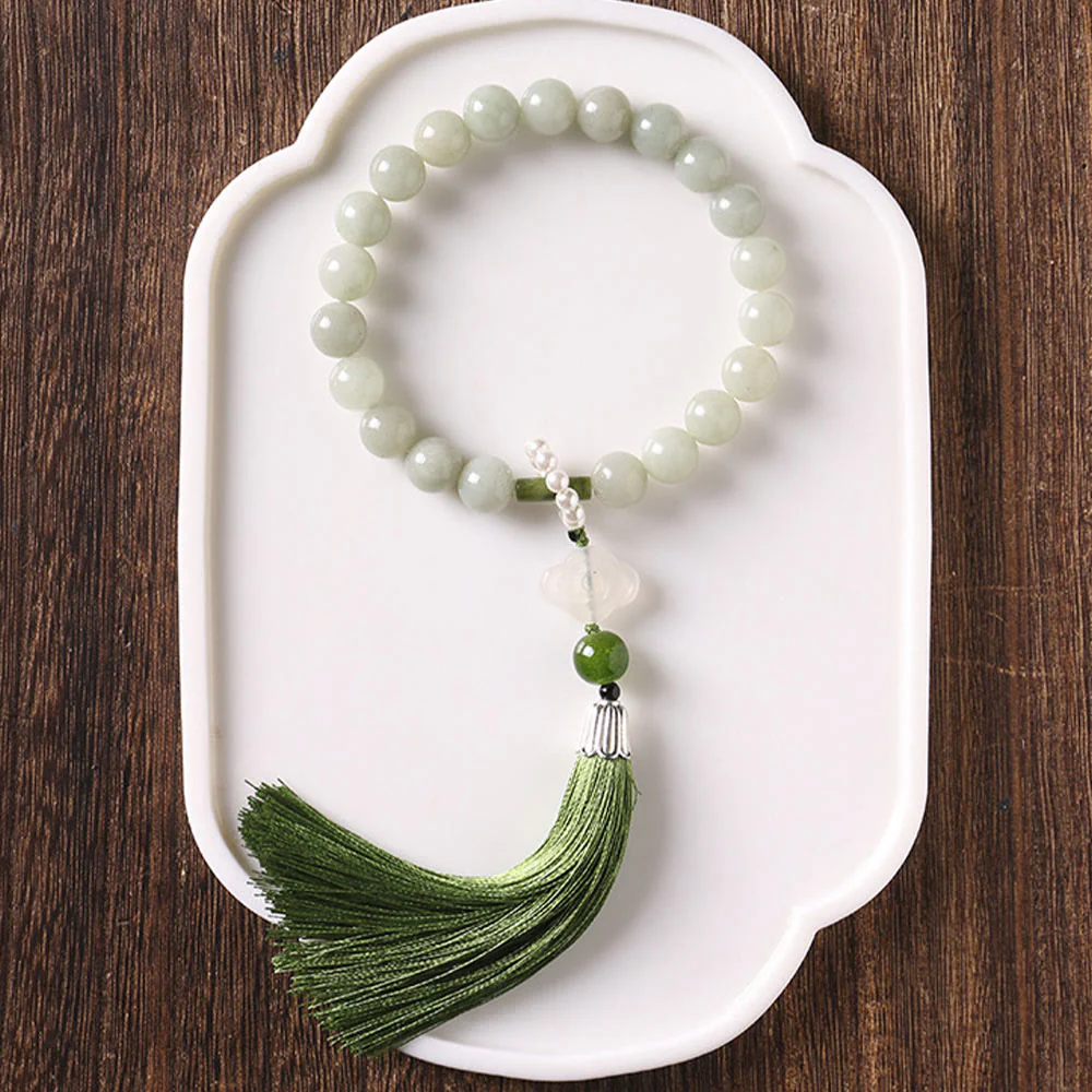 Buddha Stones Green Jade Beads Pearl Prosperity Tassels Wrist Mala
