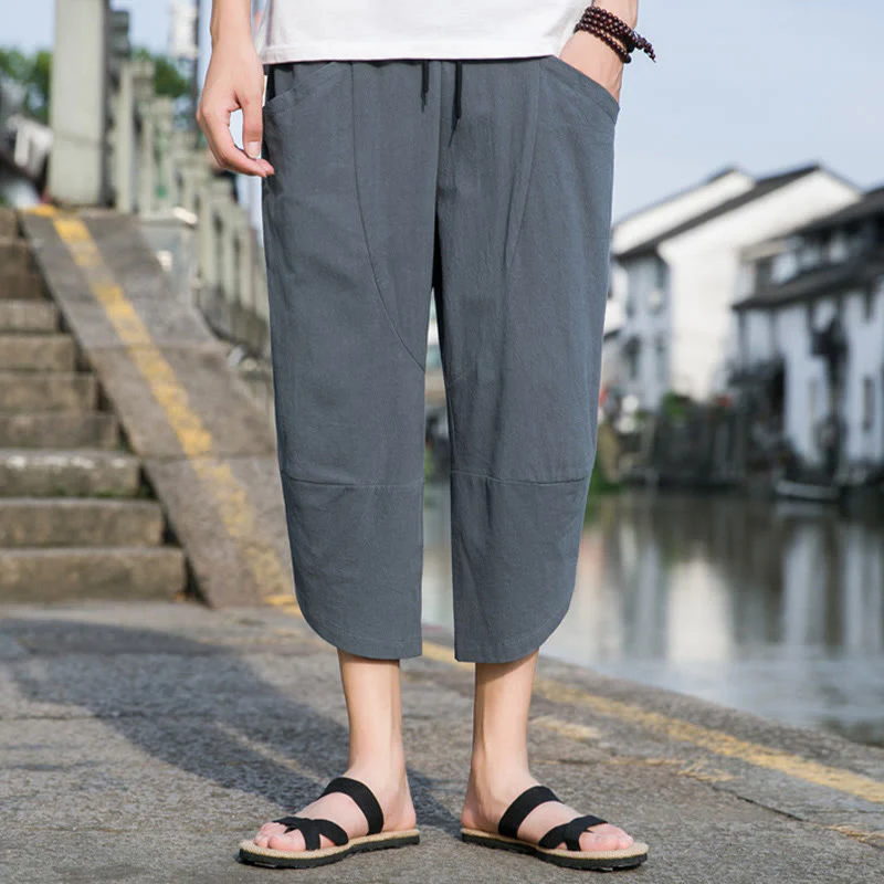 Buddha Stones Summer Casual Simple Plain Tapered Design Drawstring Men's 7-8 Length Cotton Linen Pants With Pockets