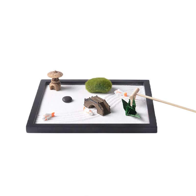 Buddha Stones Koi Fish Small Bridge Grass Landscape Peace Meditation Zen Garden Decoration