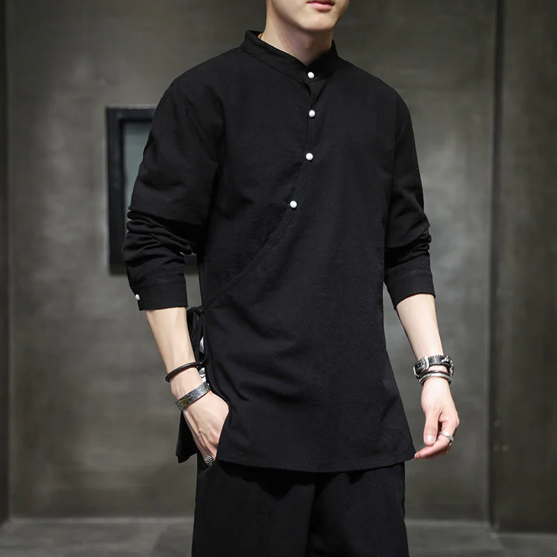 Buddha Stones Plain Lace-Up Simple Button Design Men's Long Sleeve Cotton Linen Shirt Clothing
