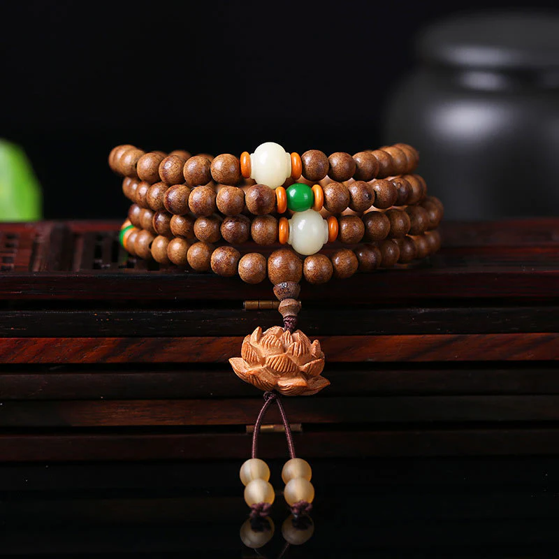 Buddha Stones 108 Mala Beads Peach Wood Bodhi Seed Lotus Prayer Meditation Bracelet