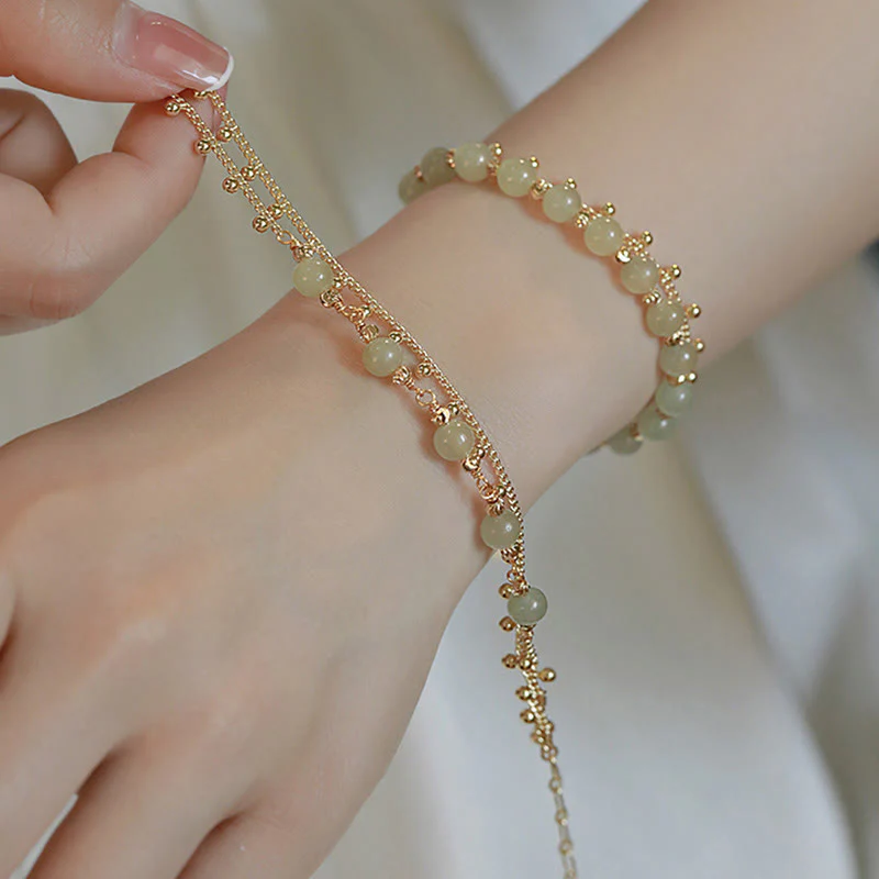 Buddha Stones 14K Gold Plated 2 Layers Hetian Jade Bead Luck Prosperity Bracelet
