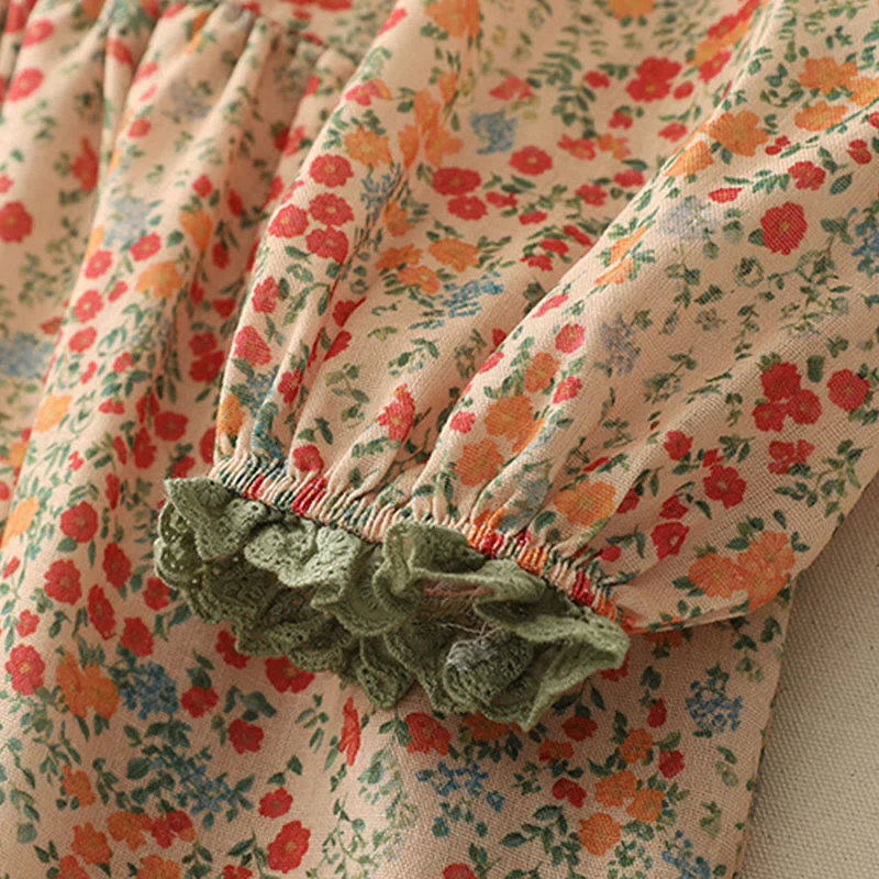 Buddha Stones Casual Floral Lace Crew Neck Balloon Long Sleeve Cotton Linen Midi Dress With Pockets