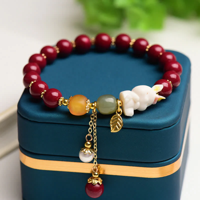Buddha Stones Year of the Rabbit Cinnabar Hetian Jade Bunny Beaded Blessing Bracelet
