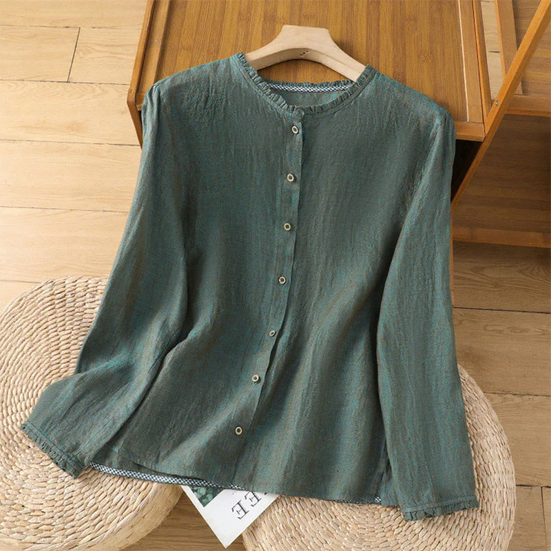 Buddha Stones Spring Solid Color Buttons Design Ruffled Crew Neck Women's Cotton Linen Shirt