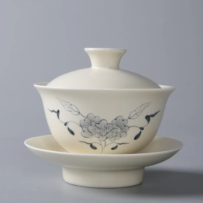 Buddha Stones Hand Painted Pomegranate Hibiscus Pine Lotus Ceramic Gaiwan Sancai Teacup Kung Fu Tea Cup And Saucer With Lid