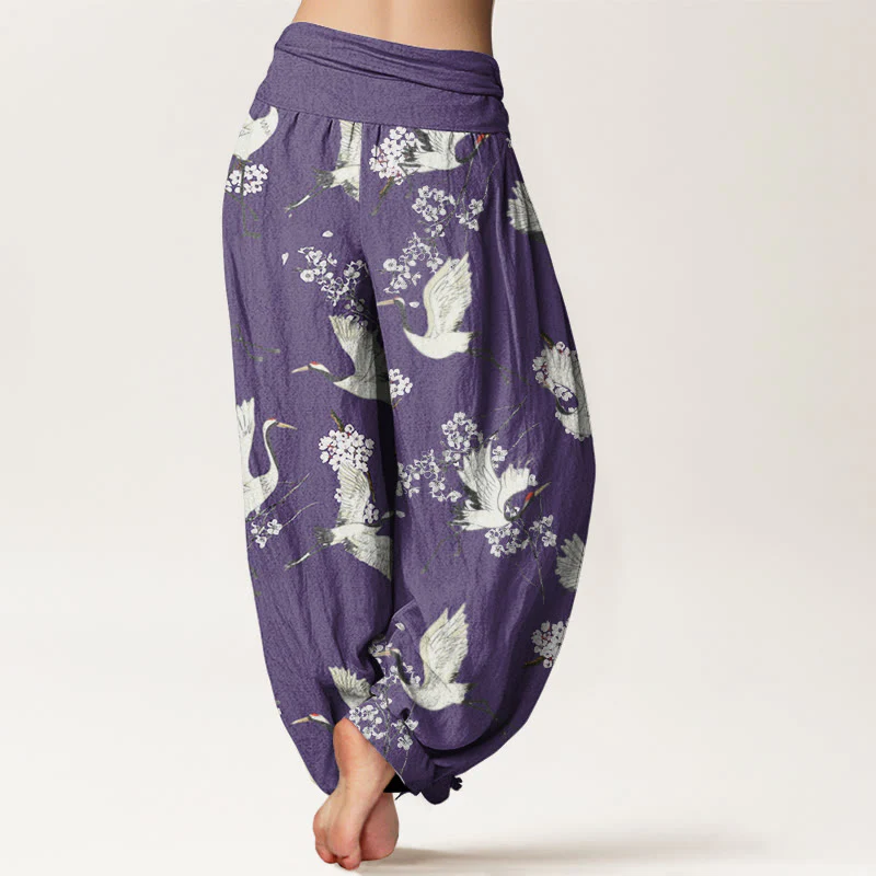 Buddha Stones Casual Elegant Crane Flower Pattern Women's Elastic Waist Harem Pants