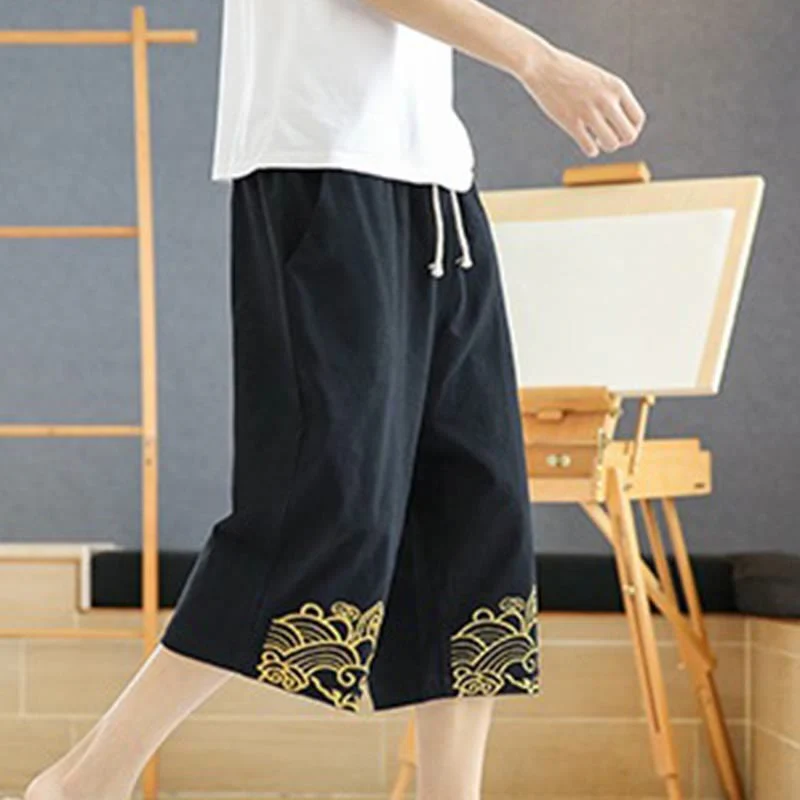 Buddha Stones Spring Casual Embroidery Drawstring Men's 7-8 Length Cotton Linen Harem Pants With Pockets