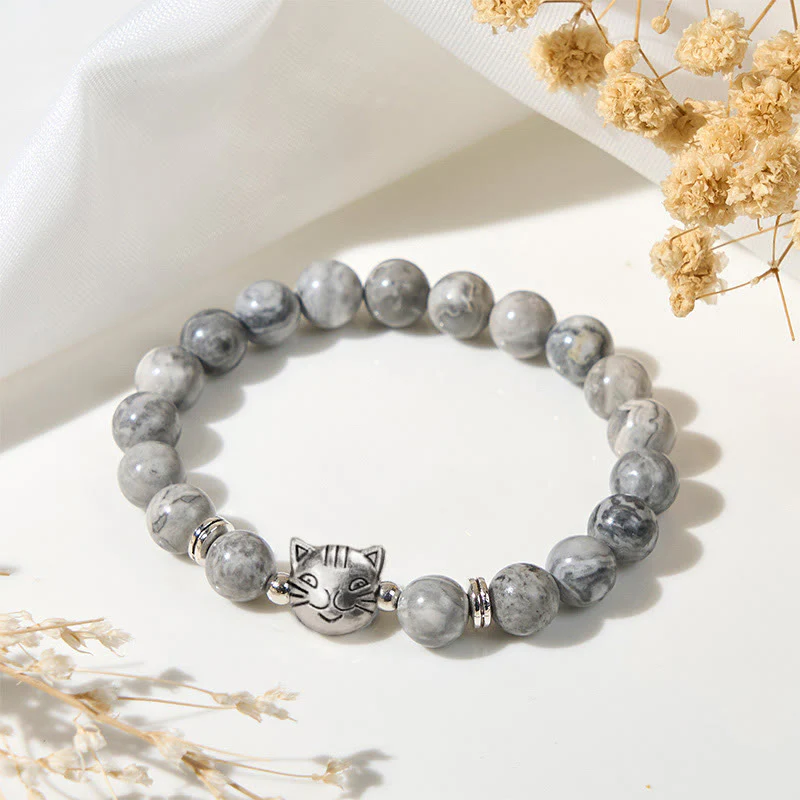 Buddha Stones Cute Cat Natural Grey Jasper Bead Healing Bracelet