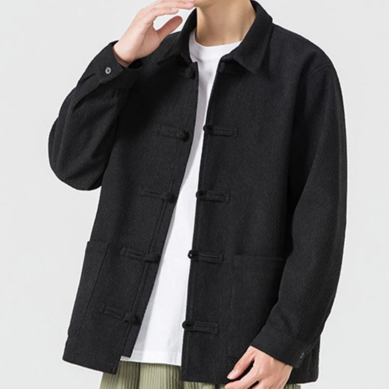 Buddha Stones Long Sleeve Frog-button Design Men's Polyester Jacket Shirt With Pockets