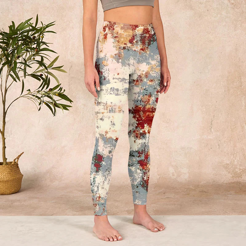 Buddha Stones Beige Red Grey Abstract Design Print Exercise Leggings Women's Yoga Pants