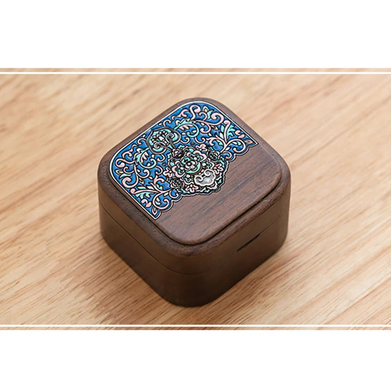 Buddha Stones Retro Handmade Black Walnut Wood Ring Jewelry Storage Box Leaf Wooden Gift Box