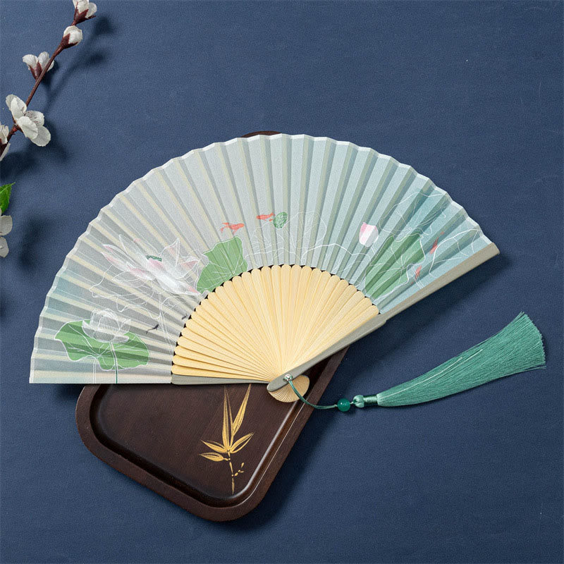 Buddha Stones Lotus Begonia Flower Jasmine Handheld Bamboo Folding Fan 21cm
