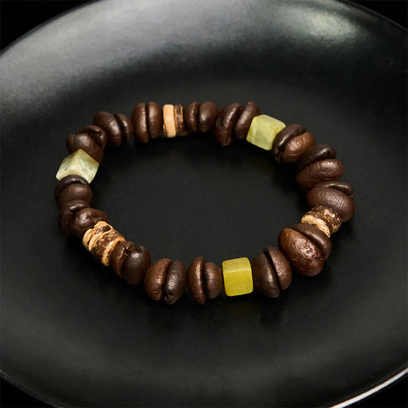 Buddha Stones Handmade Natural Coffee Beans Coconut Shell Square Jade Positive Bracelet