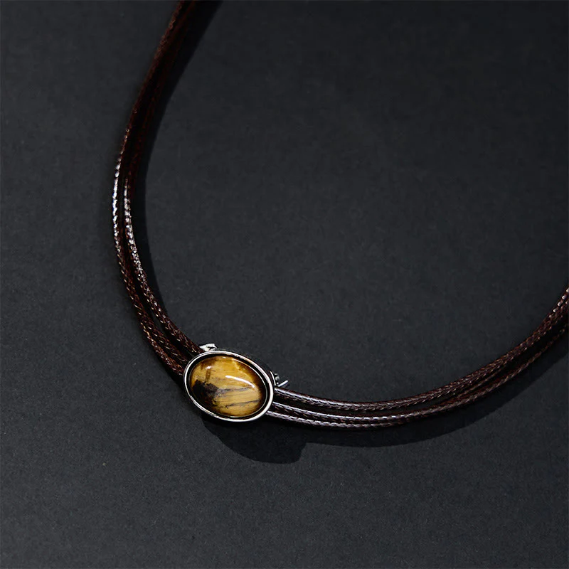 Buddha Stones Natural Tiger Eye Ellipse Protection Wax Rope Necklace Pendant