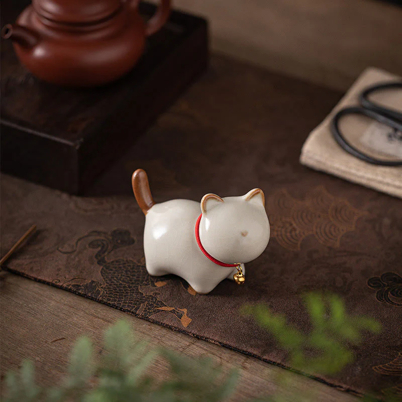 Buddha Stones Mini Lucky Cute Standing Cat Red Rope Bell Ceramic Figurine Decoration