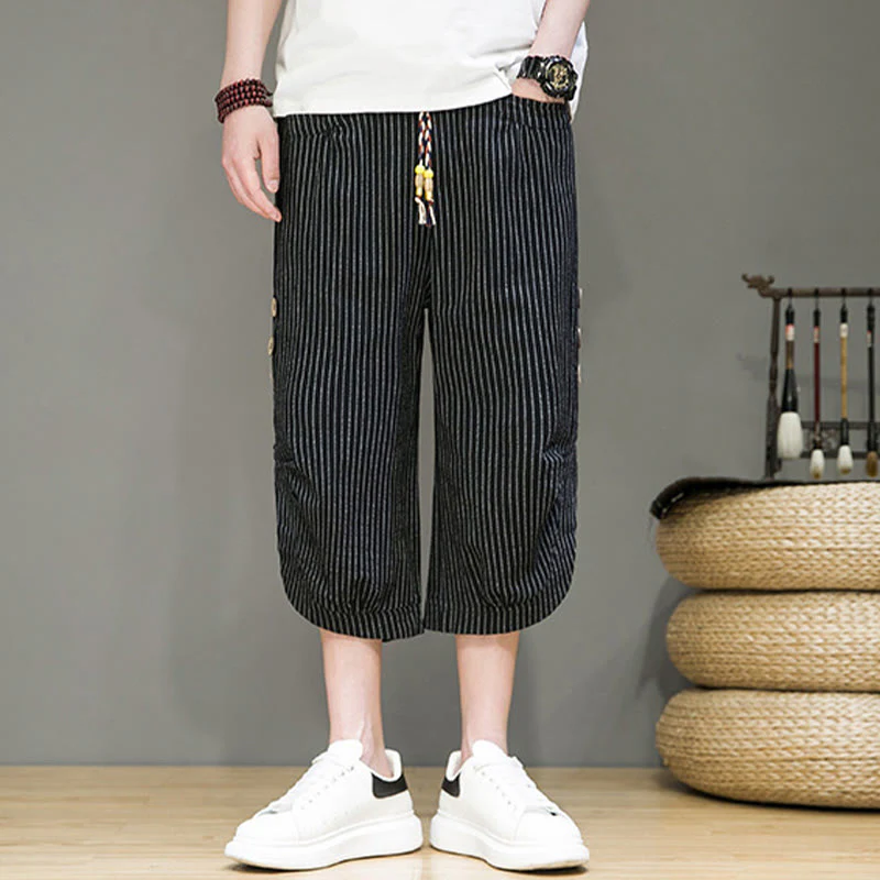 Buddha Stones Casual White Stripes Pattern Drawstring Button Design Men's Cotton Cropped Harem Pants With Pockets