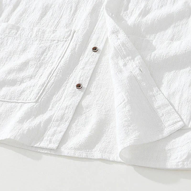 Buddha Stones Casual Buttons Design Stand Collar Men's Short Sleeve Cotton Linen Shirt With Pockets