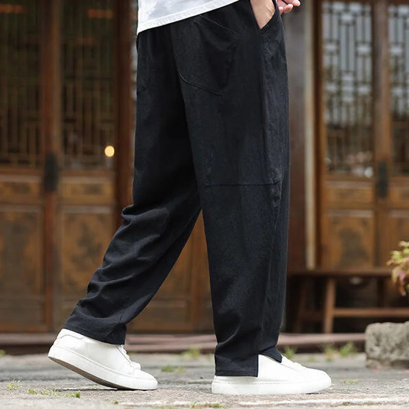 Buddha Stones Solid Drawstring Men's Elastic Waistband Cotton Linen Pants With Pockets