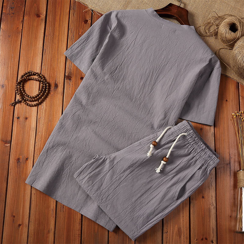 Buddha Stones Summer Casual 2Pcs Plain Notched Collar T-Shirt Drawstring Shorts With Pockets Cotton Linen Men's Meditation Cloth Set