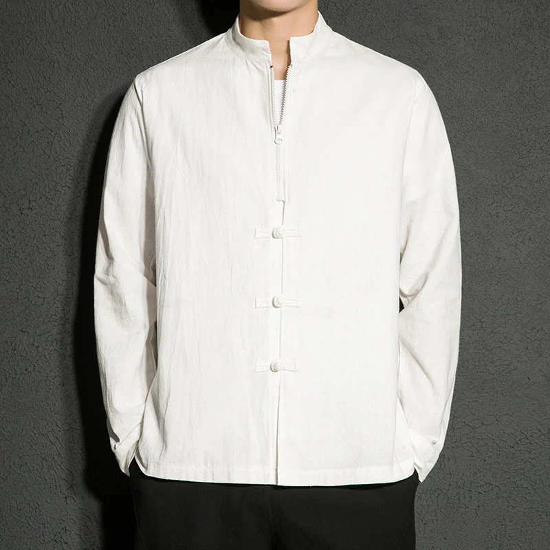Buddha Stones Plain Zipper Chinese Frog-Button Cotton Long Sleeve Men's Shirt