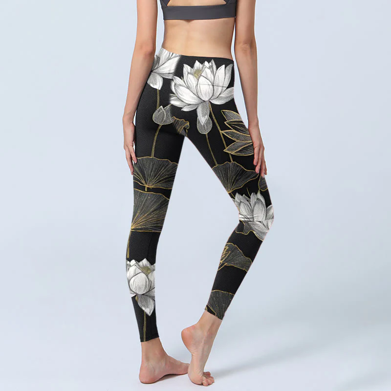 Buddha Stones White Golden Lotus Leaves Print Gym Leggings Women's Yoga Pants